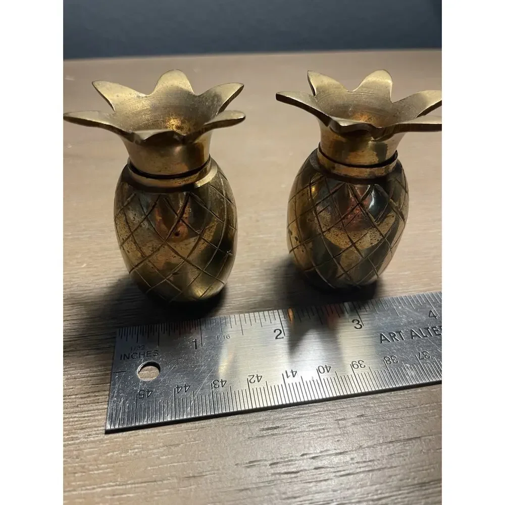 Vintage Brass Pineapple Salt & Pepper Shakers Set Screw Top 3” Retro Decor